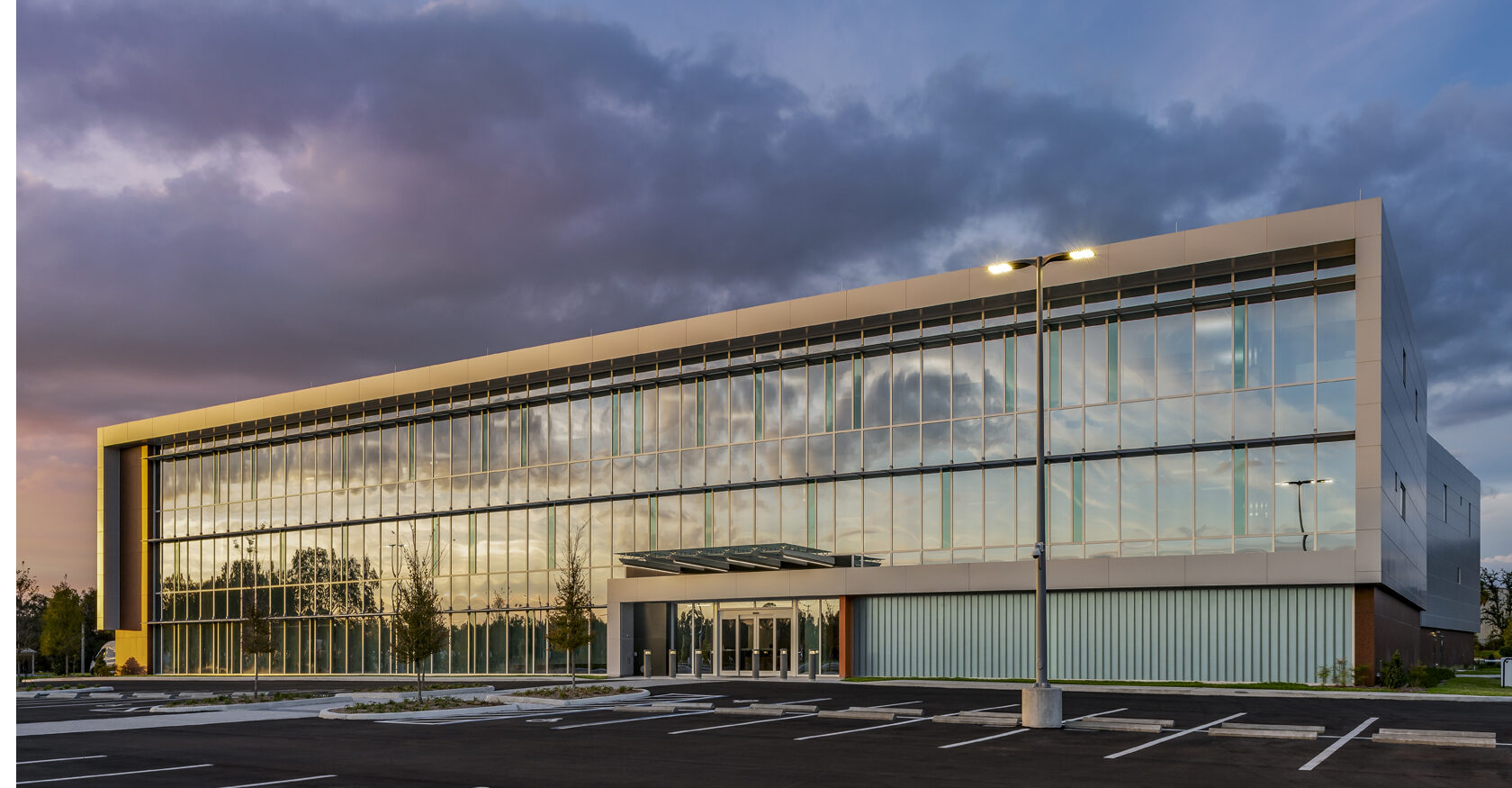 Suncoast Credit Union Exterior shot of their corporate office at dusk