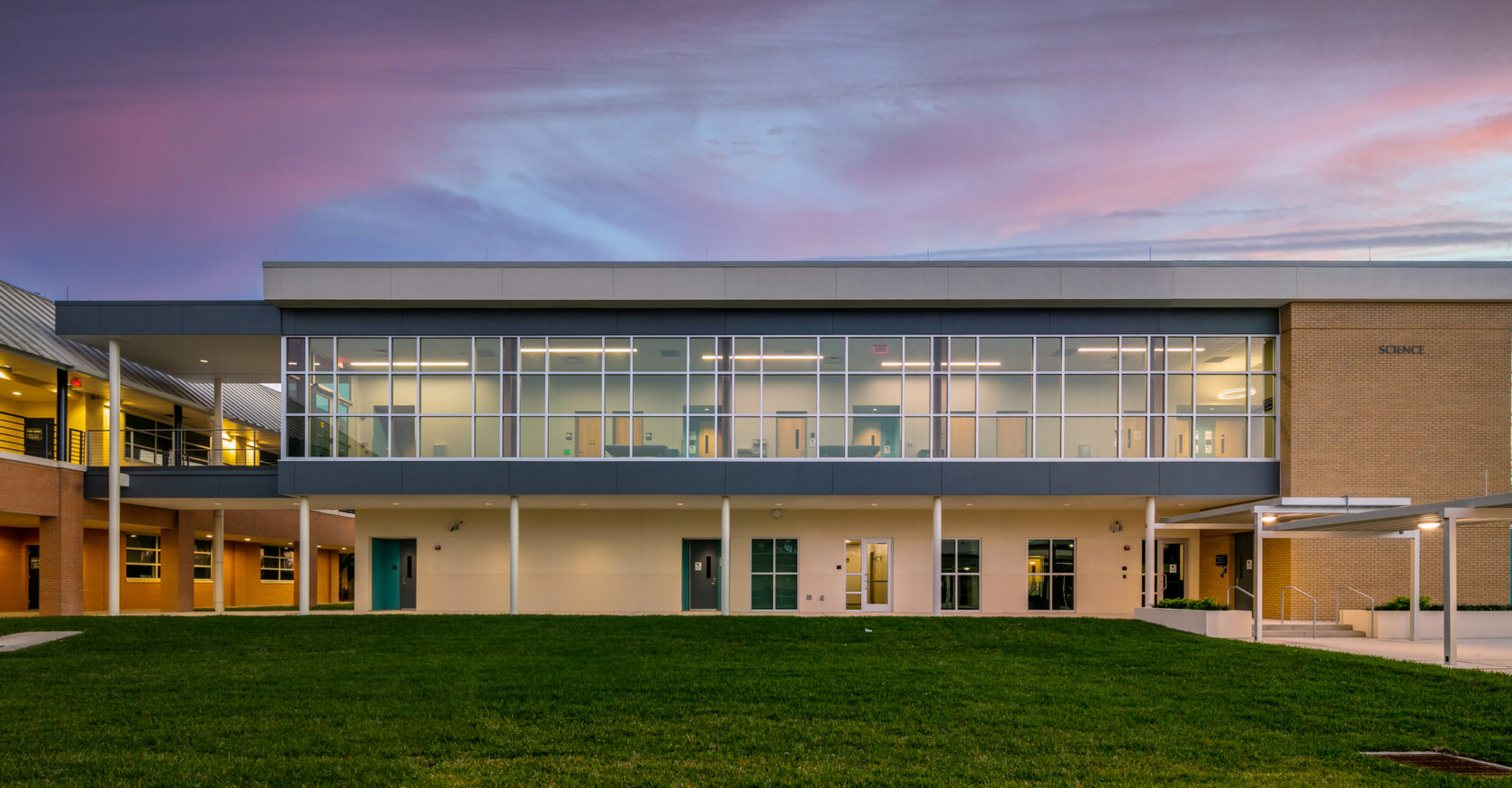 SCF Science building exterior at dusk