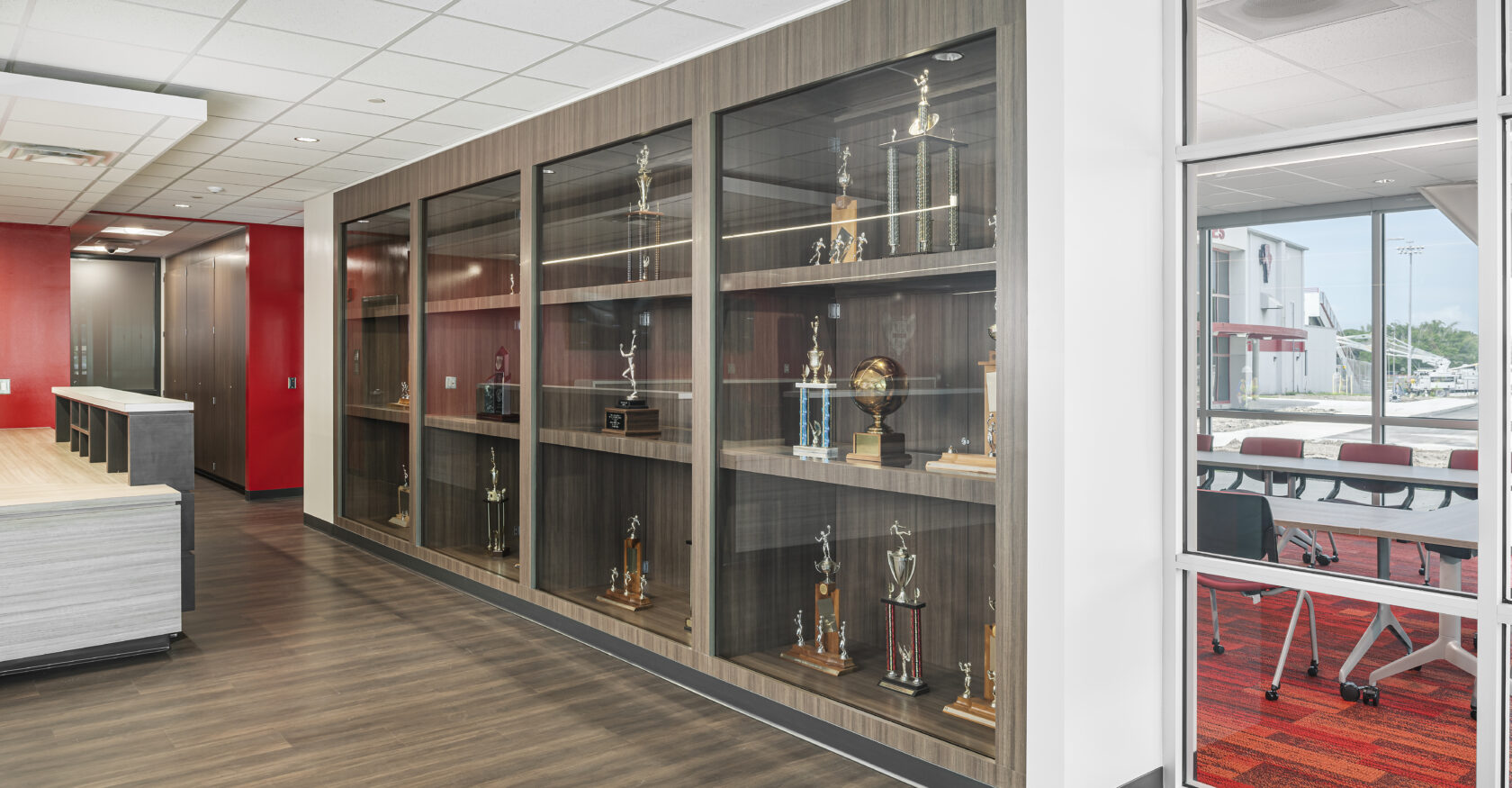 Trophy case in Clearwater High School Library Close up