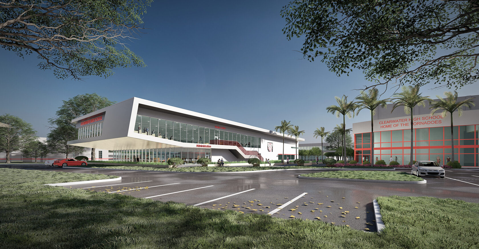 Exterior rendering of Clearwater High School viewed from the street