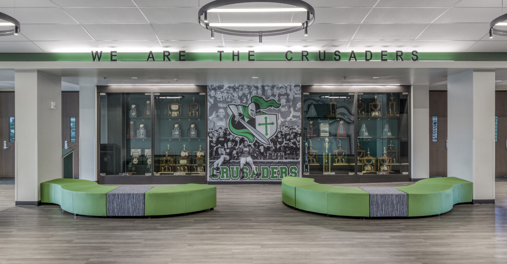 Trophy case in lobby of Tampa Catholic Athletic facility