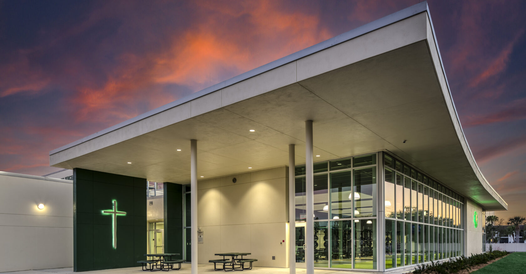Exterior dusk shot of Tampa Catholic gym