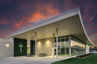Exterior dusk shot of Tampa Catholic gym